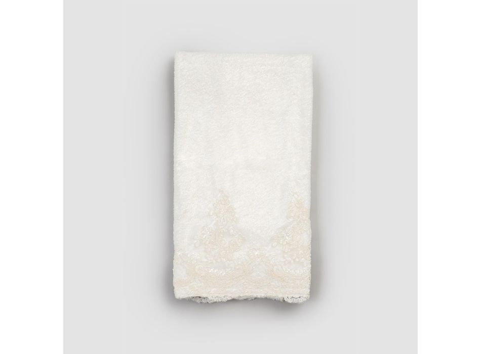 2 bawełniane ręczniki frotte z brzegiem z mieszanki koronki i lnu - Ginova Viadurini