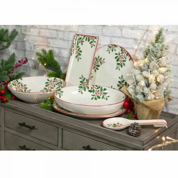 2 miski sałatkowe z dekoracjami świątecznymi na porcelanowych talerzach - Miotła rzeźnika