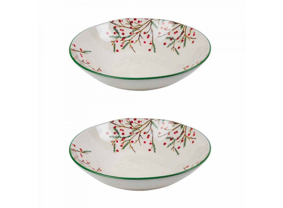 2 miski sałatkowe z dekoracjami świątecznymi na porcelanowych talerzach - Miotła rzeźnika Viadurini
