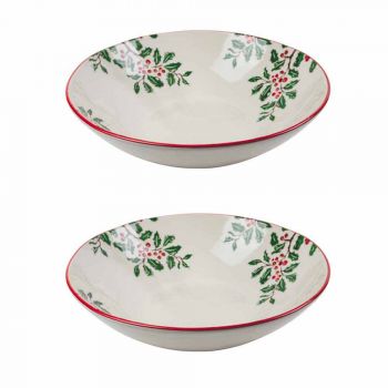 2 miski sałatkowe z dekoracjami świątecznymi na porcelanowych talerzach - Miotła rzeźnika