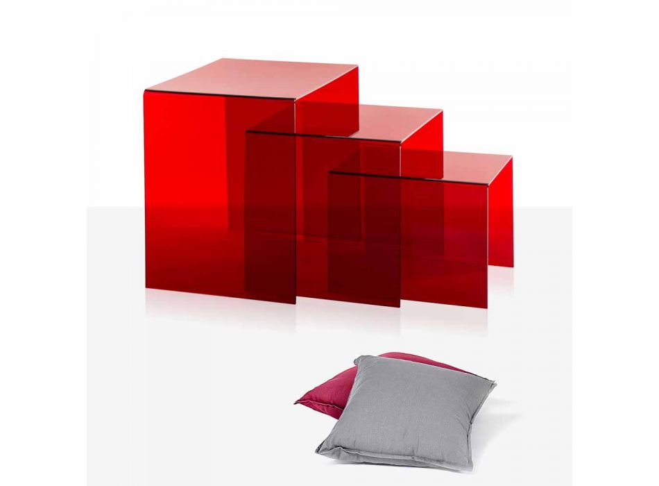 3 czerwone stoły Amalia do układania w stosy, nowoczesny design, wykonane we Włoszech