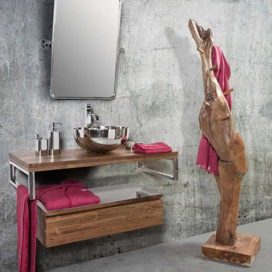 Wieszak ze strukturą i kołkami z litego drewna tekowego - jodła Viadurini