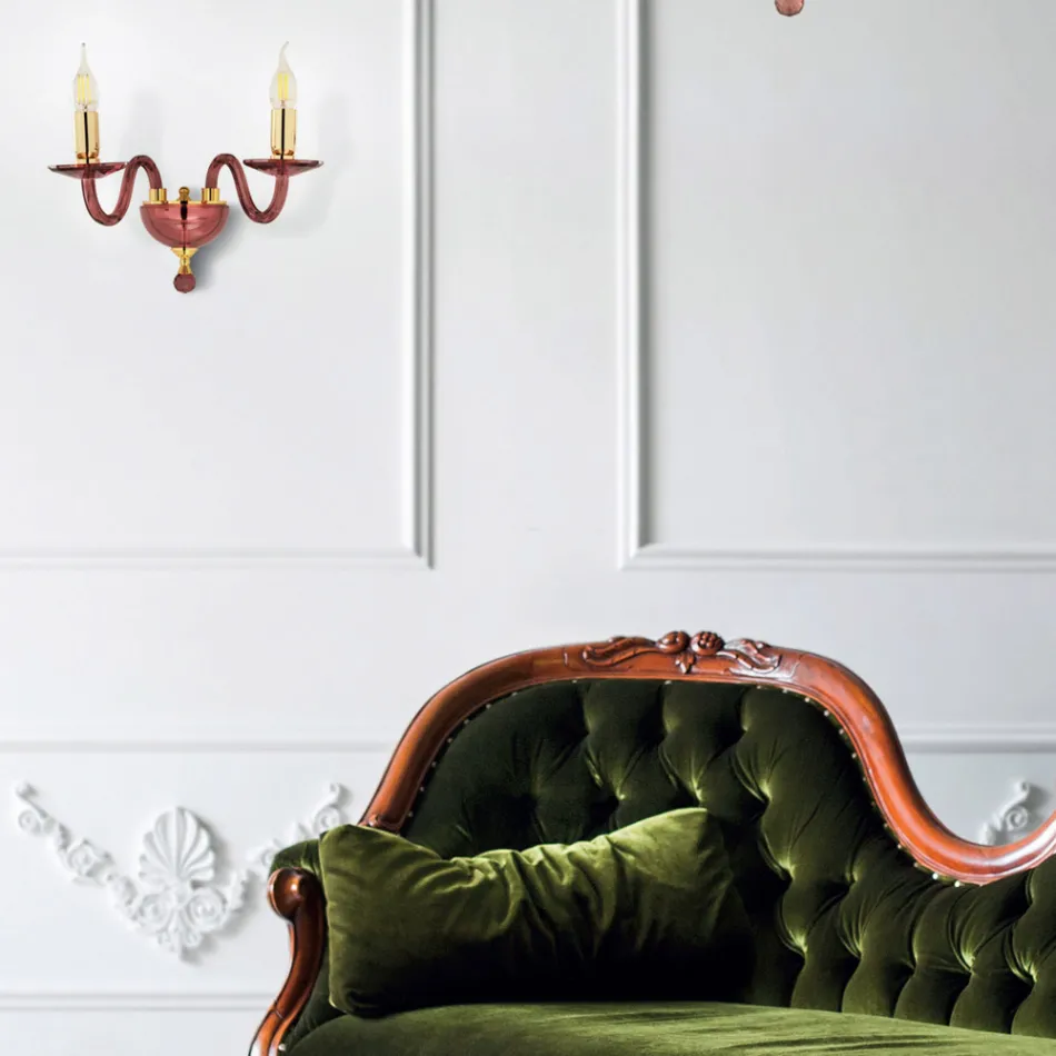 Klasyczny kinkiet z 2 światłami z ręcznie robionego włoskiego szkła i złotego metalu - Oliver Viadurini