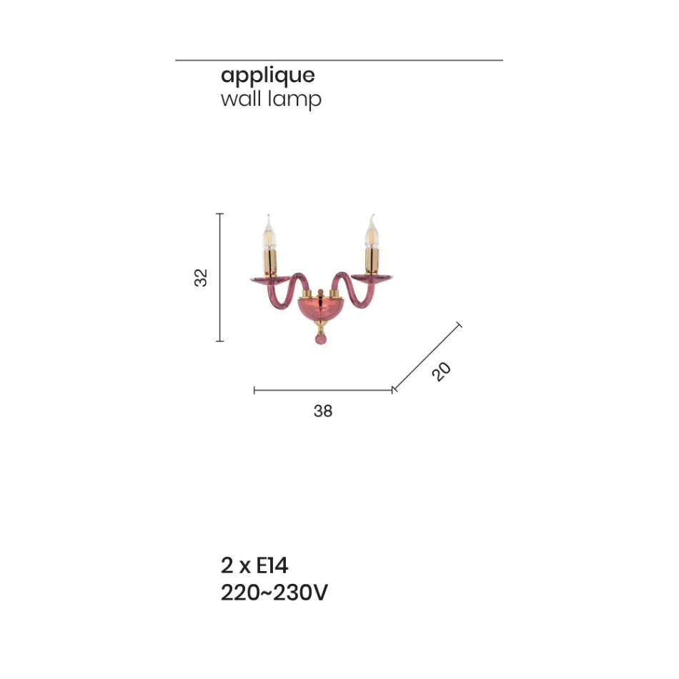 Klasyczny kinkiet z 2 światłami z ręcznie robionego włoskiego szkła i złotego metalu - Oliver Viadurini