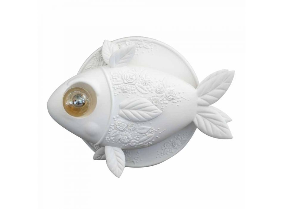 Kinkiet ścienny z matowej białej ceramiki z dekorowaną rybą - rybą Viadurini