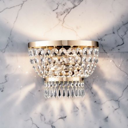 Pozłacana lampa ścienna z żelaza z kryształkami Wyprodukowano we Włoszech - Austria Viadurini