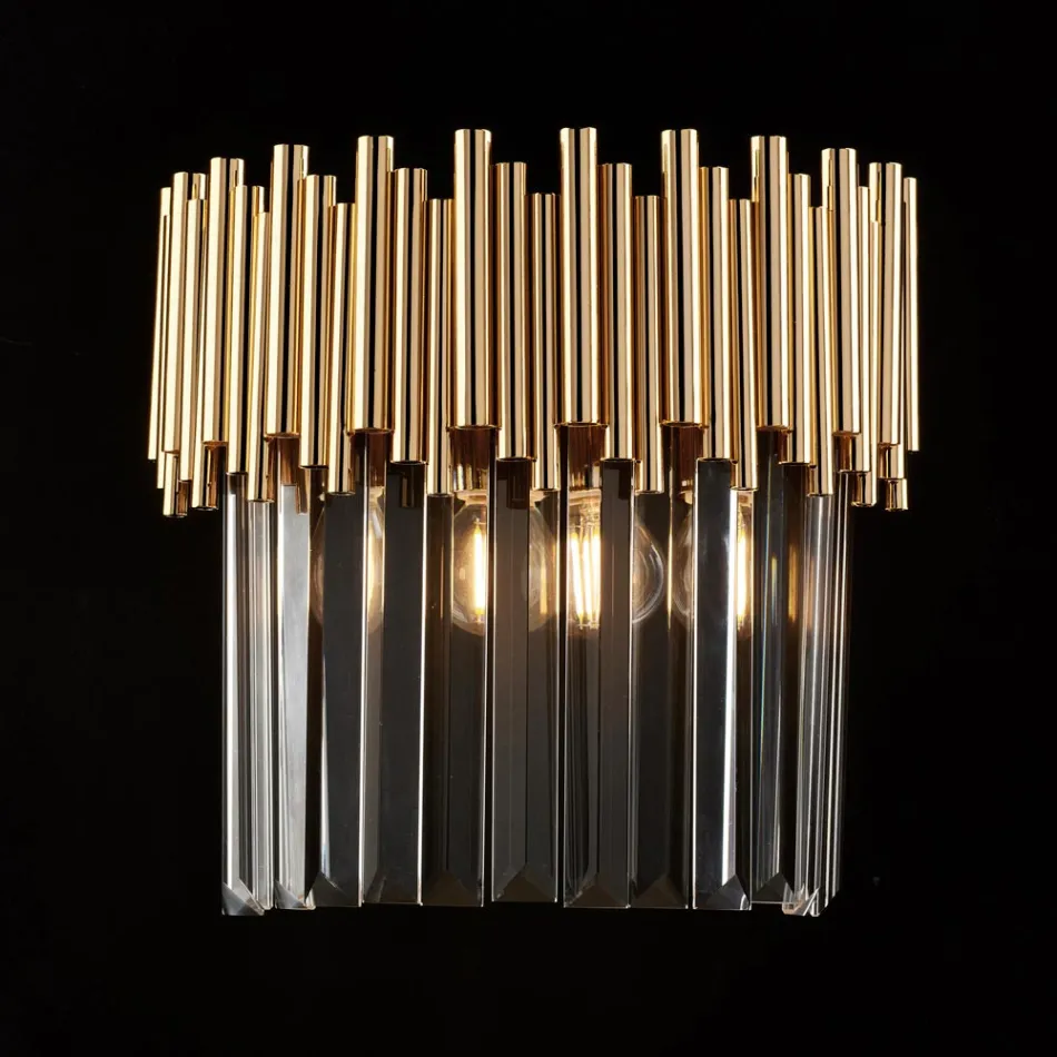 Pozłacana lampa ścienna z żelaza z kryształkami, wyprodukowana we Włoszech do dekoracji wnętrz - Paryż Viadurini