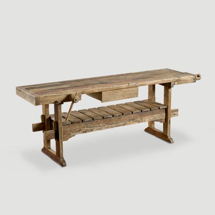 Stół warsztatowy z 1 szufladą w naturalnym wykończeniu starego drewna - stolarz Viadurini