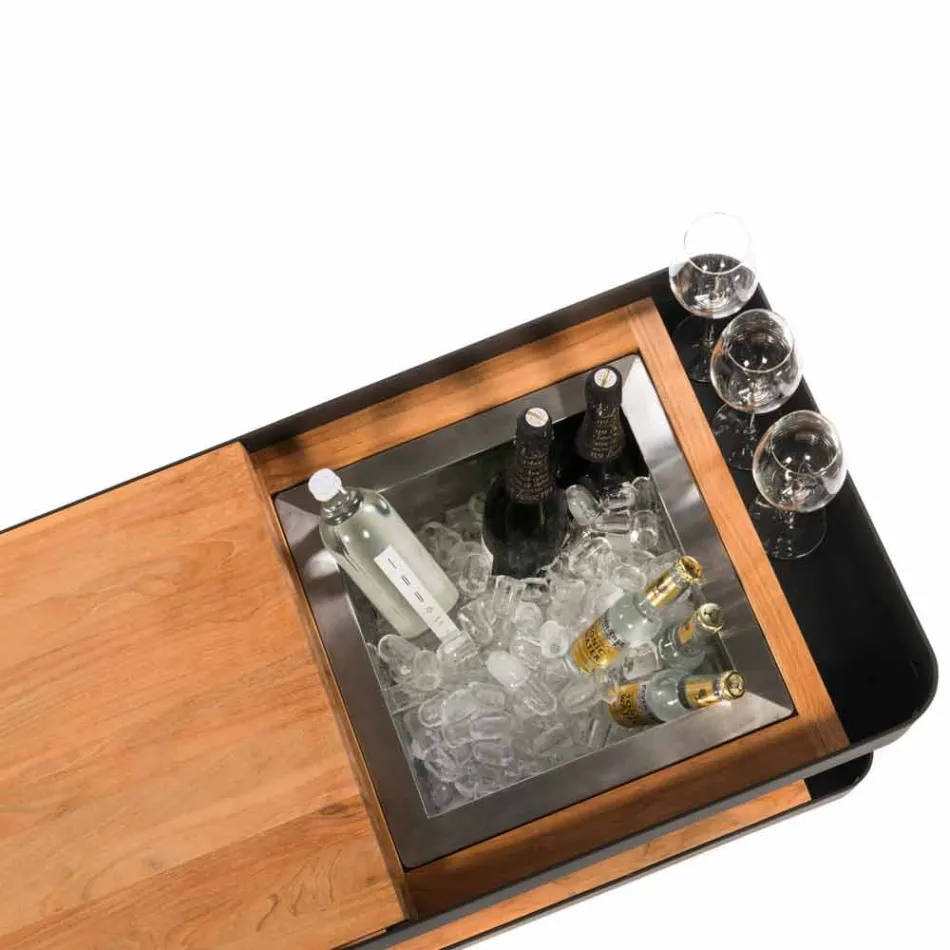 Nowoczesny mobilny pasek na kółkach ze stołem drewnianym i stalowym - Giancalliope Viadurini