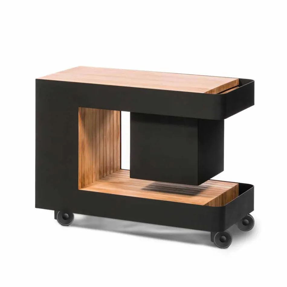 Nowoczesny mobilny pasek na kółkach ze stołem drewnianym i stalowym - Giancalliope Viadurini