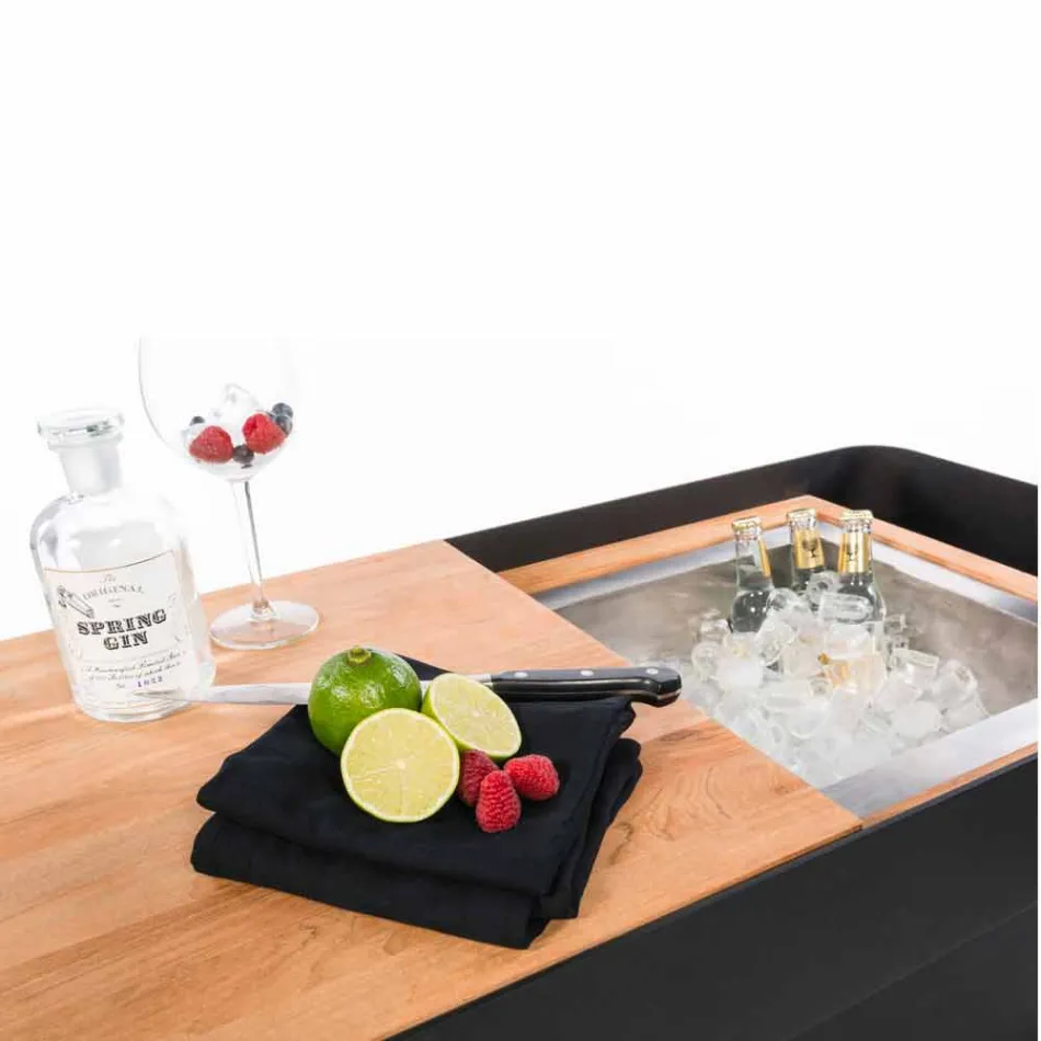 Nowoczesny mobilny pasek na kółkach ze stołem drewnianym i stalowym - Giancalliope Viadurini