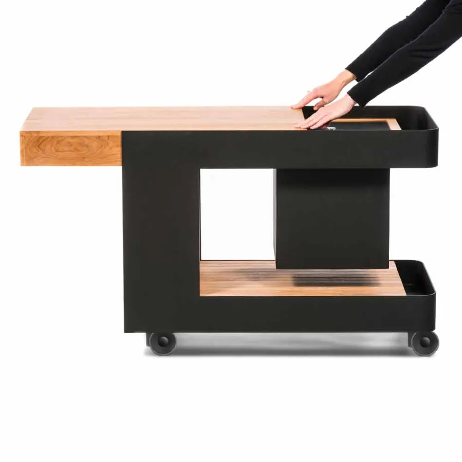 Nowoczesny mobilny pasek na kółkach ze stołem drewnianym i stalowym - Giancalliope Viadurini