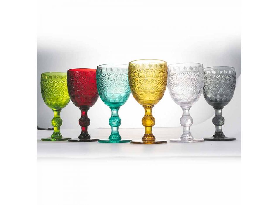 Kieliszki do wody lub wina z kolorowego szkła i wytłaczane dekoracje - ludowe Viadurini