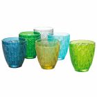 Kolorowe szklane szklanki do wody z dekoracją w liście, 12 sztuk - Indonezja Viadurini