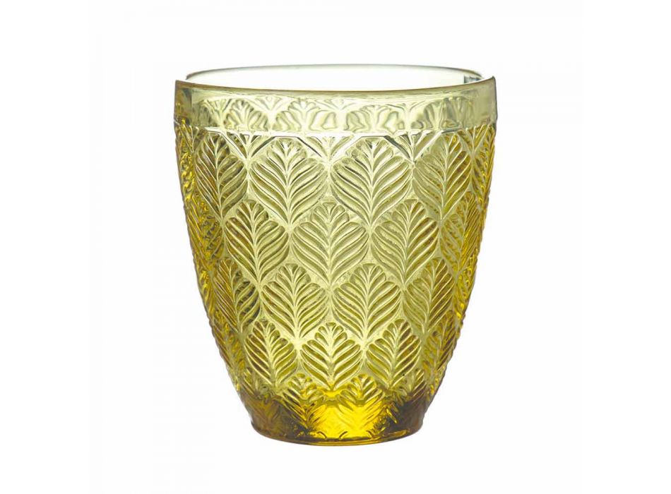 Kolorowe szklane szklanki do wody z dekoracją w liście, 12 sztuk - Indonezja Viadurini