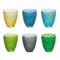Kolorowe szklane szklanki do wody z dekoracją w liście, 12 sztuk - Indonezja