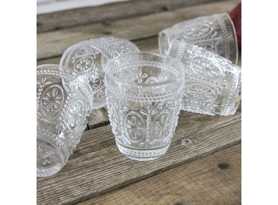 Zdobione przezroczyste szklane szklanki do wody 12 sztuk - Palazzo Viadurini
