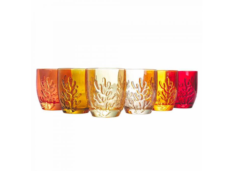 Kolorowe szklane szklanki do wody z koralową dekoracją, 12 sztuk - karmazynowe Viadurini