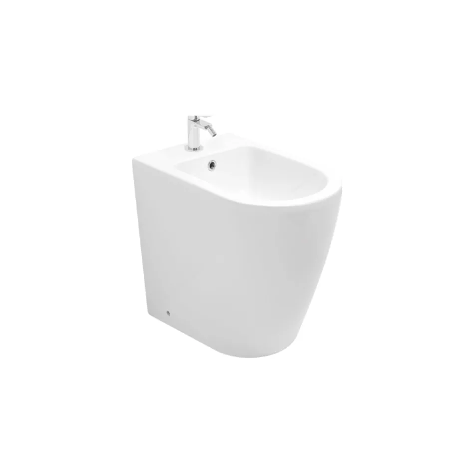 Bidet jednootworowy montowany na podłodze z technologią bezkołnierzową w kolorze białej ceramiki - Oleandro  Viadurini