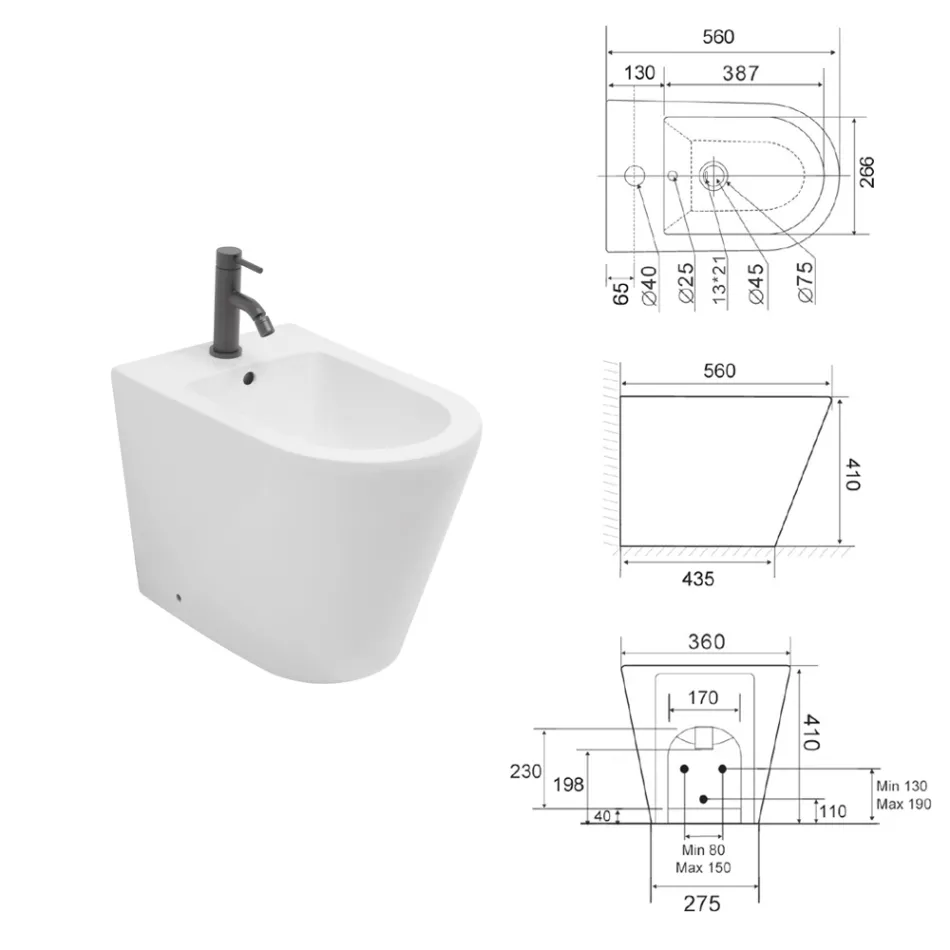 Bidet podłogowy Salice z jednym otworem, wykonany z białej ceramiki, o eleganckim, nowoczesnym wzornictwie Viadurini
