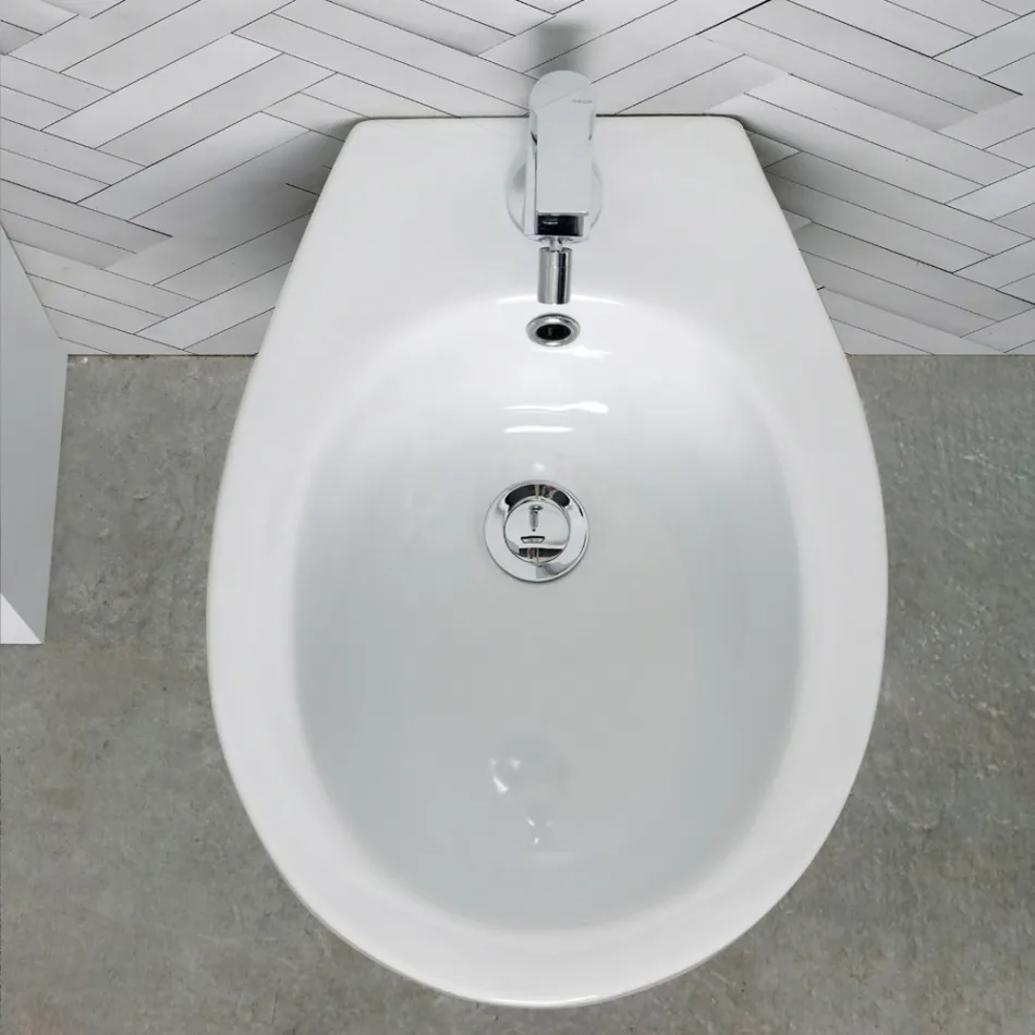 Bidet jednootworowy montowany na podłodze, z białej ceramiki, o eleganckim, nowoczesnym wzornictwie – Silica Viadurini