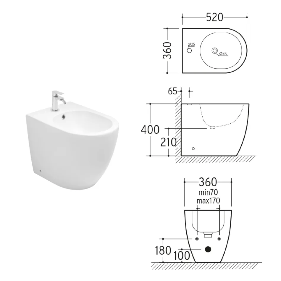 Bidet stojący Aster z jednym otworem, wykonany z trwałej białej ceramiki o nowoczesnym wzornictwie Viadurini