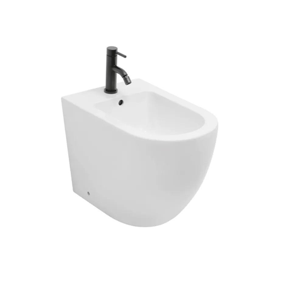 Bidet stojący z jednym otworem, wykonany z trwałej białej ceramiki o nowoczesnym wzornictwie - Olmo Viadurini