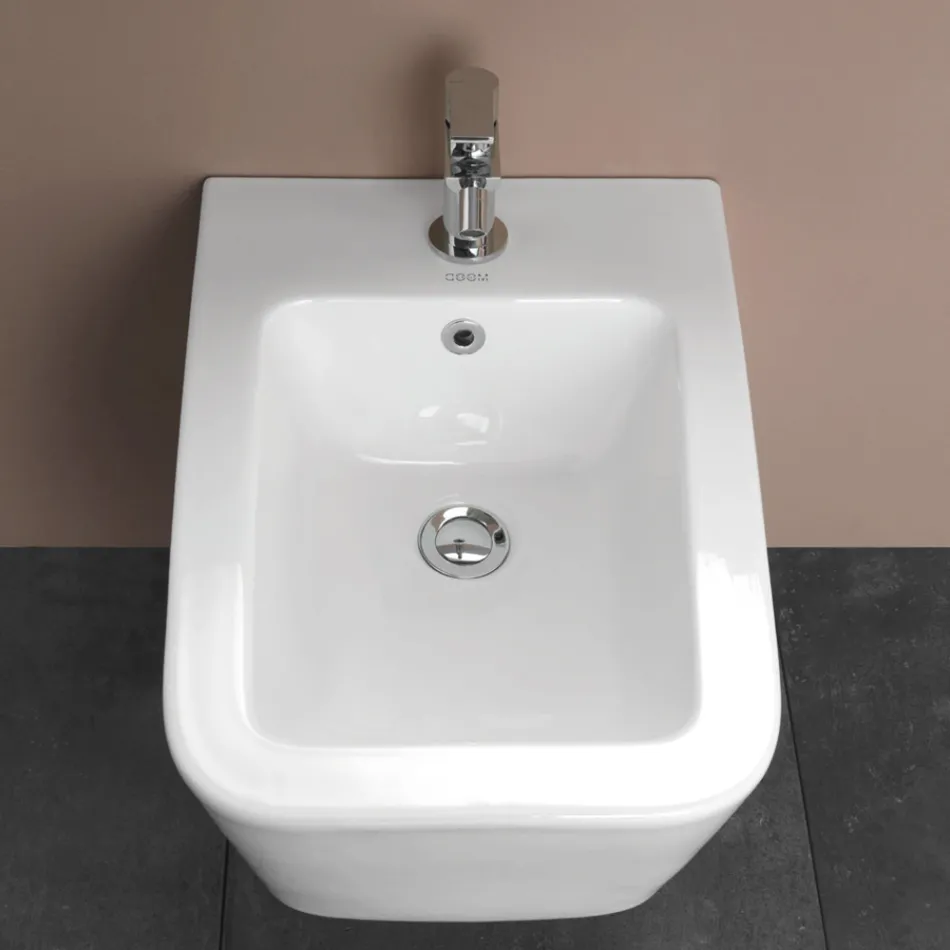 Jednootworowy bidet wiszący z białej ceramiki o eleganckim, nowoczesnym wzornictwie – Giunco Viadurini