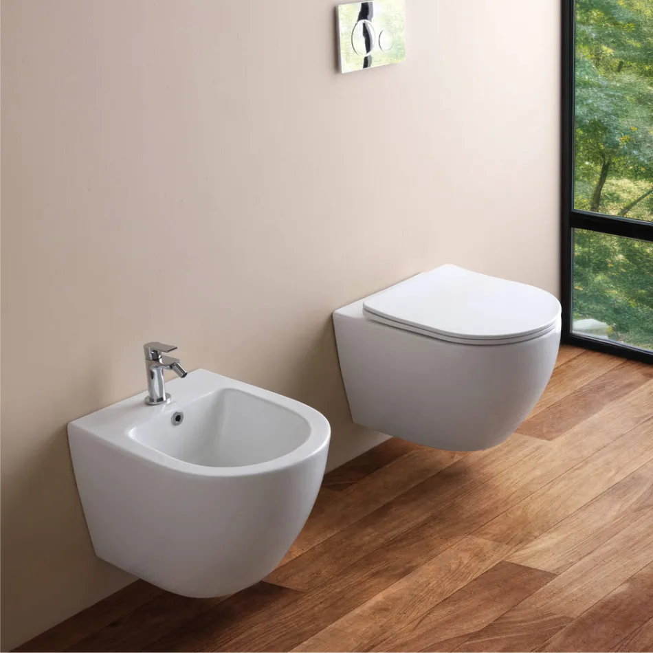 Bidet wiszący z jednym otworem, biały, ceramiczny, o nowoczesnym designie - Ginepro Viadurini
