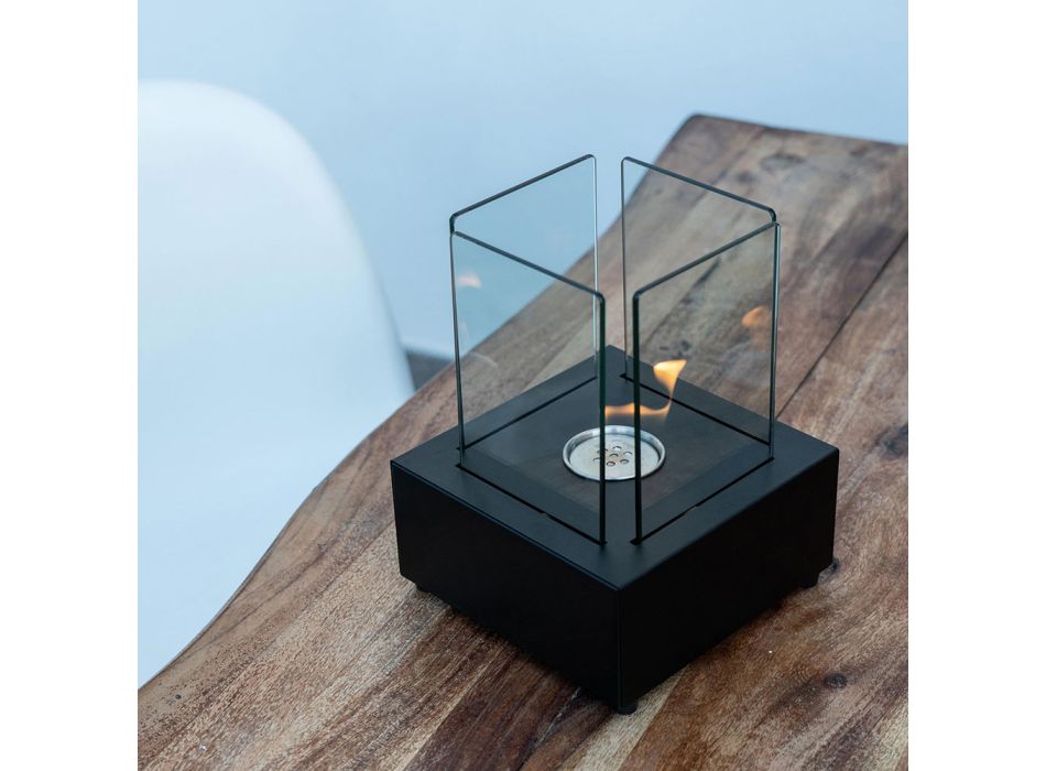 Stół Biokominek ze szkła hartowanego z podstawą z czarnego metalu - Coriano Viadurini