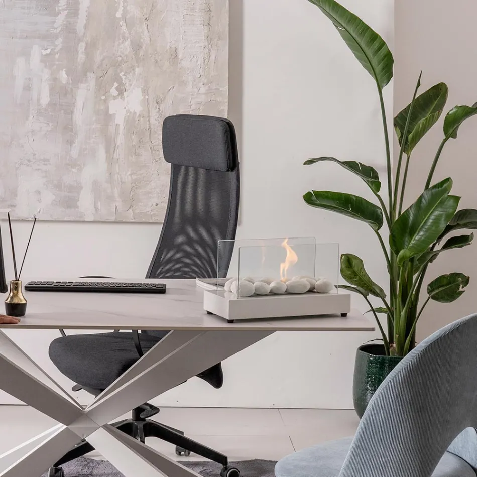 Stołowy kominek na bioetanol ze szkła hartowanego i metalu - srebrny Viadurini