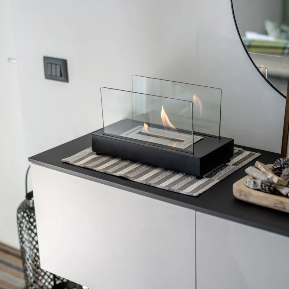 Stołowy kominek na bioetanol ze szkła hartowanego i metalu - srebrny Viadurini