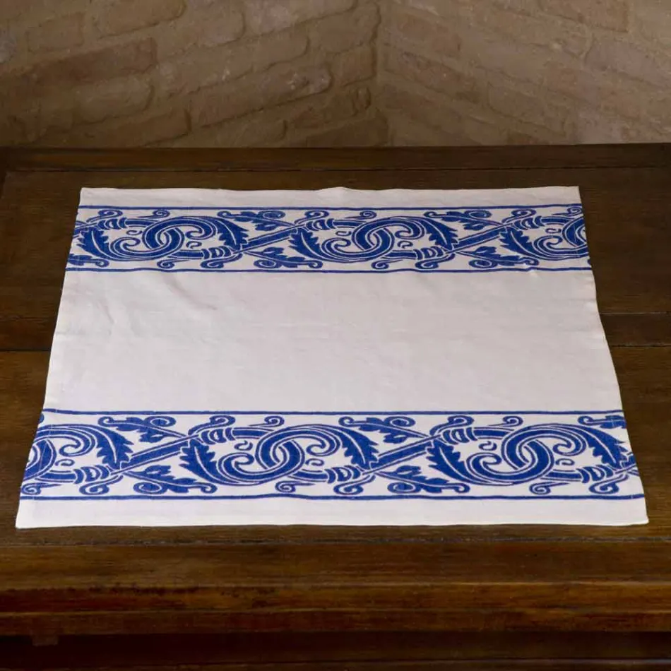 Lniane płótno włoskiego rzemiosła z ręcznie nadrukowanym wzorem - znaki towarowe Viadurini