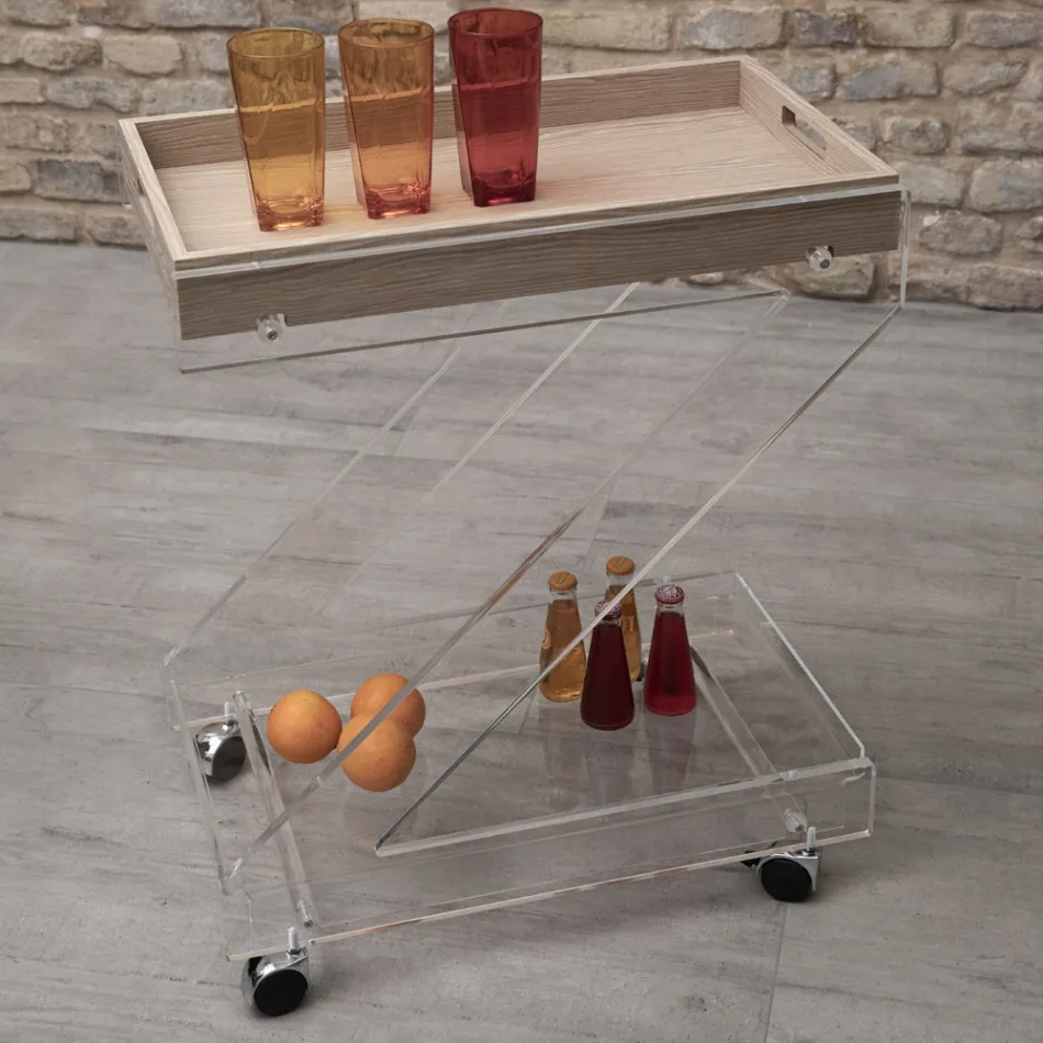 Wózek 2 półki z przezroczystego kryształu akrylowego z tacą - Zazza Viadurini