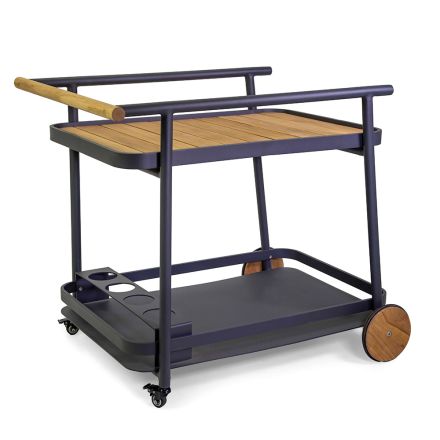 Aluminiowy wózek w różnych wykończeniach z kółkami i detalami z drewna tekowego - namiot Viadurini