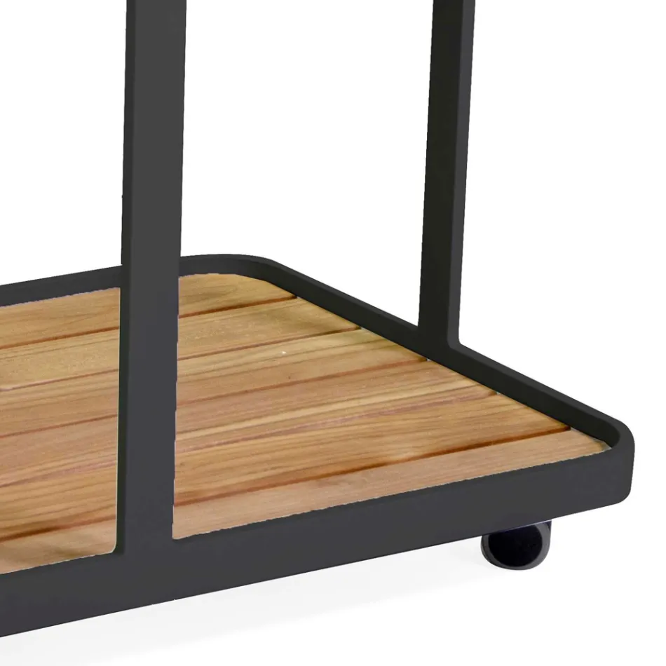 Wózek aluminiowy w różnych wykończeniach z kółkami i blatem z drewna tekowego - namiot Viadurini