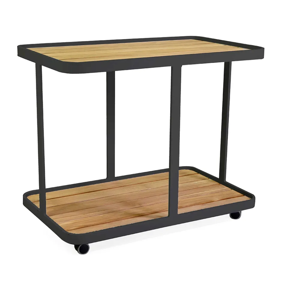 Wózek aluminiowy w różnych wykończeniach z kółkami i blatem z drewna tekowego - namiot Viadurini