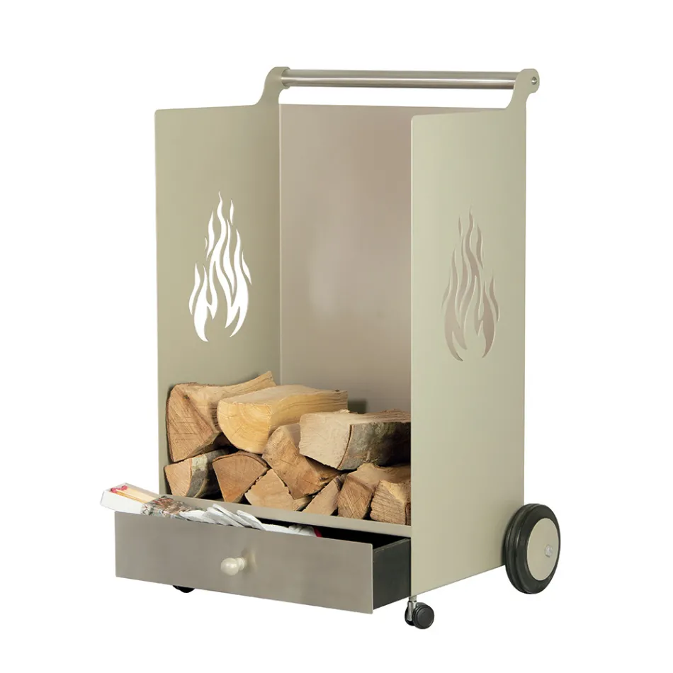 Wózek na drewno z szufladą i kółkami Made in Italy - Alpaca Viadurini