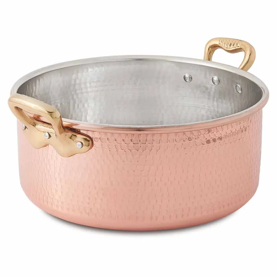 Średni Rondel z Miedzi Ocynowanej Ręcznie Okrągły z 2 Uchwytami 20 cm - Gianfranco Viadurini