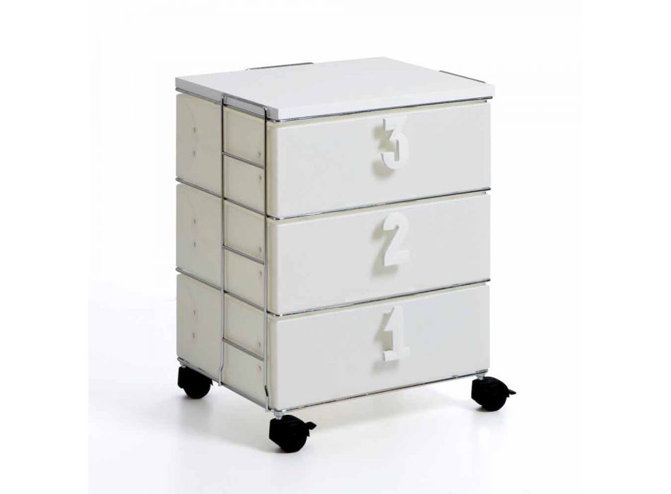 Komoda 3 szuflady z numerycznymi uchwytami i białymi kółkami Yodi Viadurini