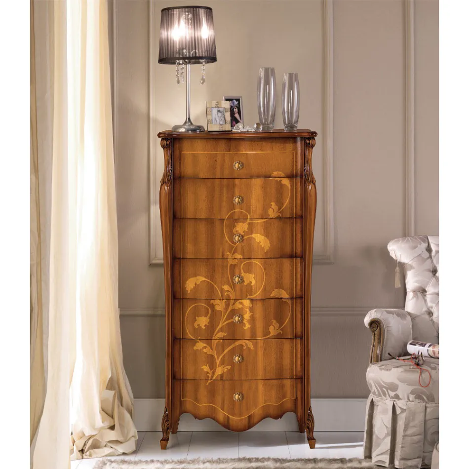 Komoda z 7 szufladami z inkrustowanego drewna orzechowego Made in Italy - Commodus Viadurini