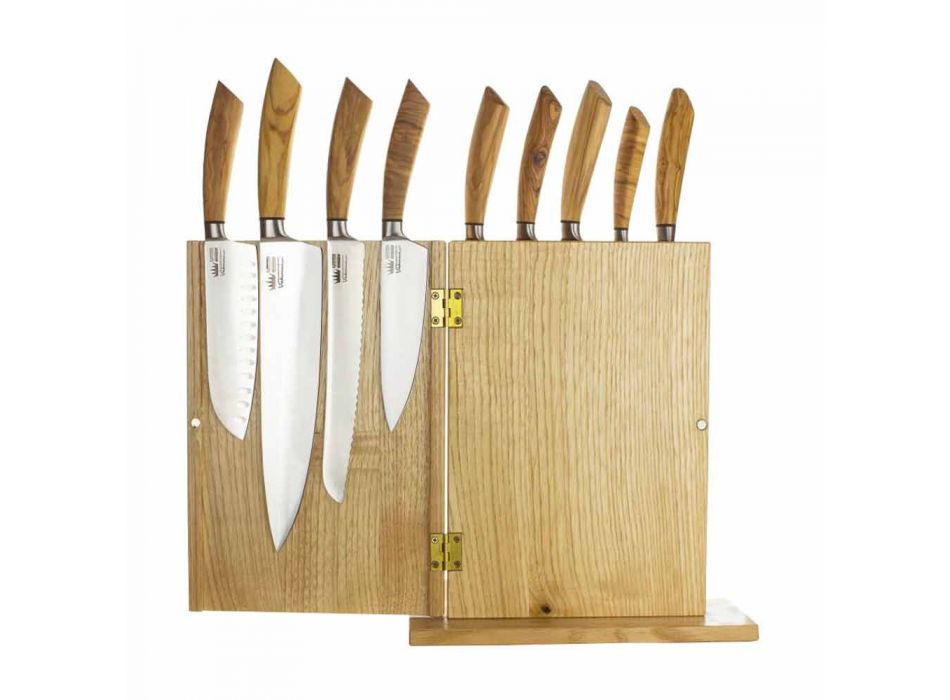Blok magnetyczny z drewna z 9 nożami kuchennymi Made in Italy - Block Viadurini