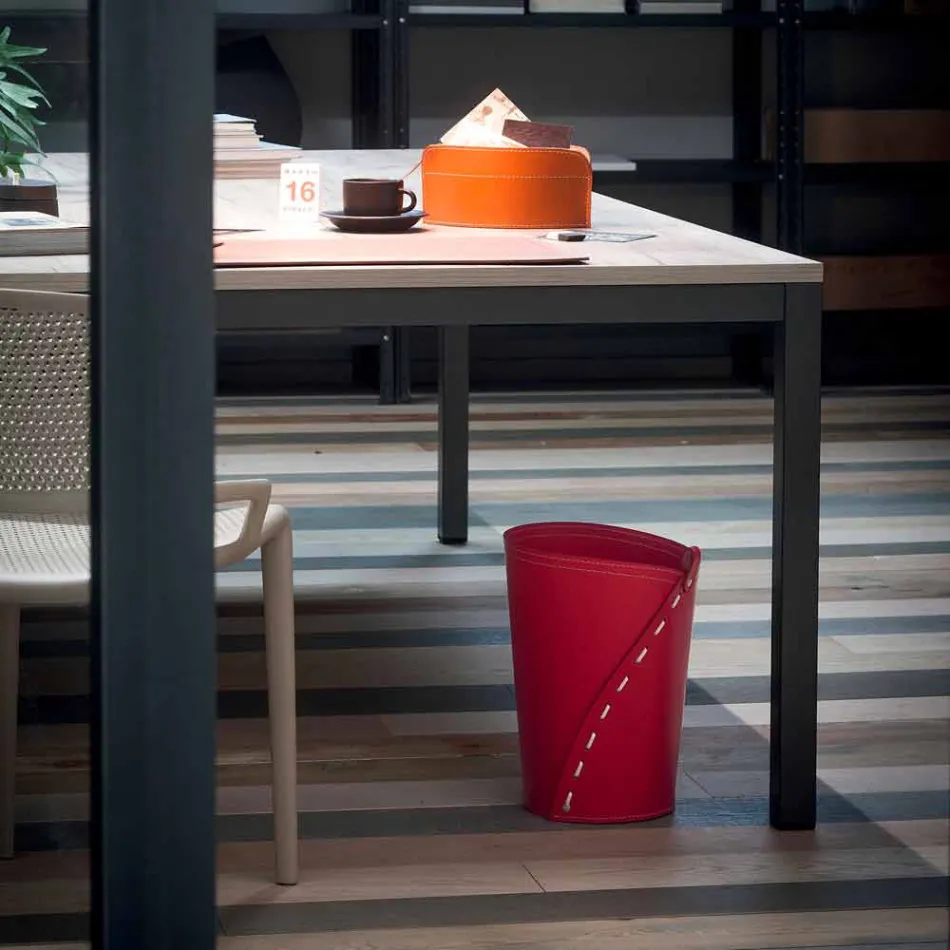 Skórzany kosz na odpady papierowe do biura Servus, ręcznie robiony we Włoszech Viadurini