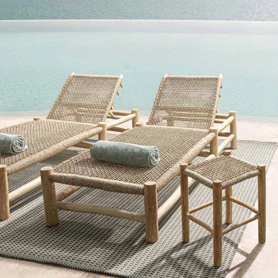 Szezlong zewnętrzny z gałęzi tekowych i tkania z włókien syntetycznych - Tecno Viadurini