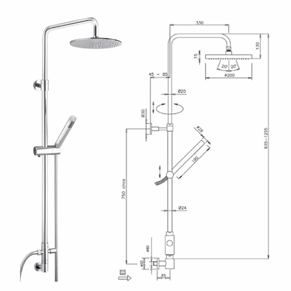 Okrągła kolumna prysznicowa z mosiądzu z prysznicem ręcznym Made in Italy - Amadeo Viadurini