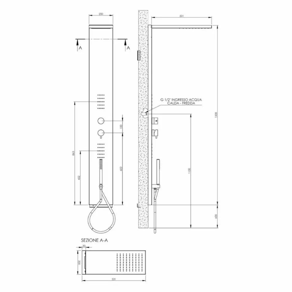 Stalowa kolumna prysznicowa z deszczownicą Made in Italy - Sailor Viadurini