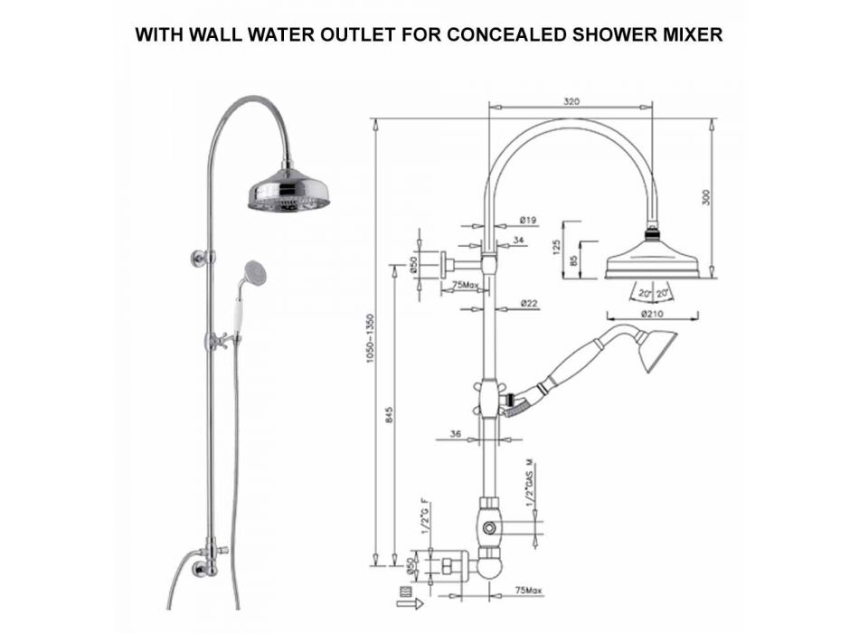 Mosiężna kolumna prysznicowa z głowicą prysznicową i ręcznym prysznicem ABS Made in Italy - Rimo Viadurini