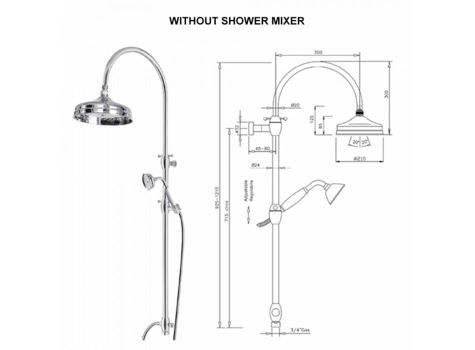 Mosiężna kolumna prysznicowa z okrągłą głowicą prysznicową i prysznicem ręcznym Made in Italy - Brillo Viadurini