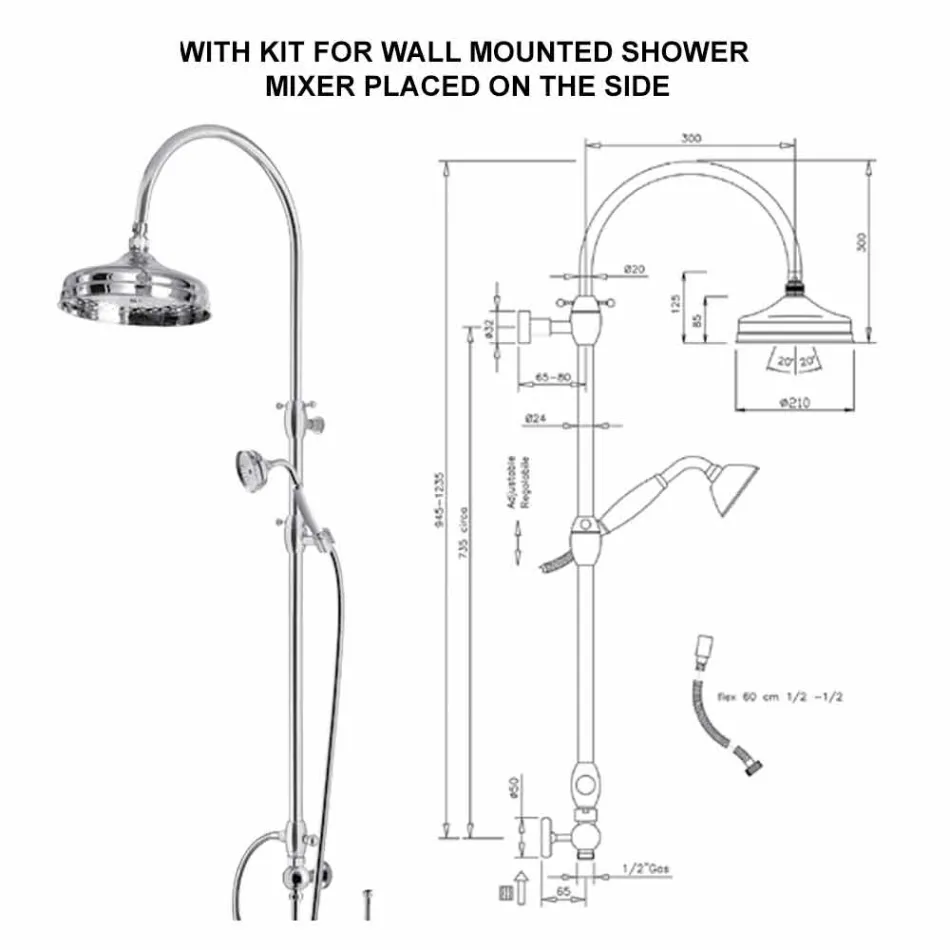 Mosiężna kolumna prysznicowa z okrągłą głowicą prysznicową i prysznicem ręcznym Made in Italy - Brillo Viadurini