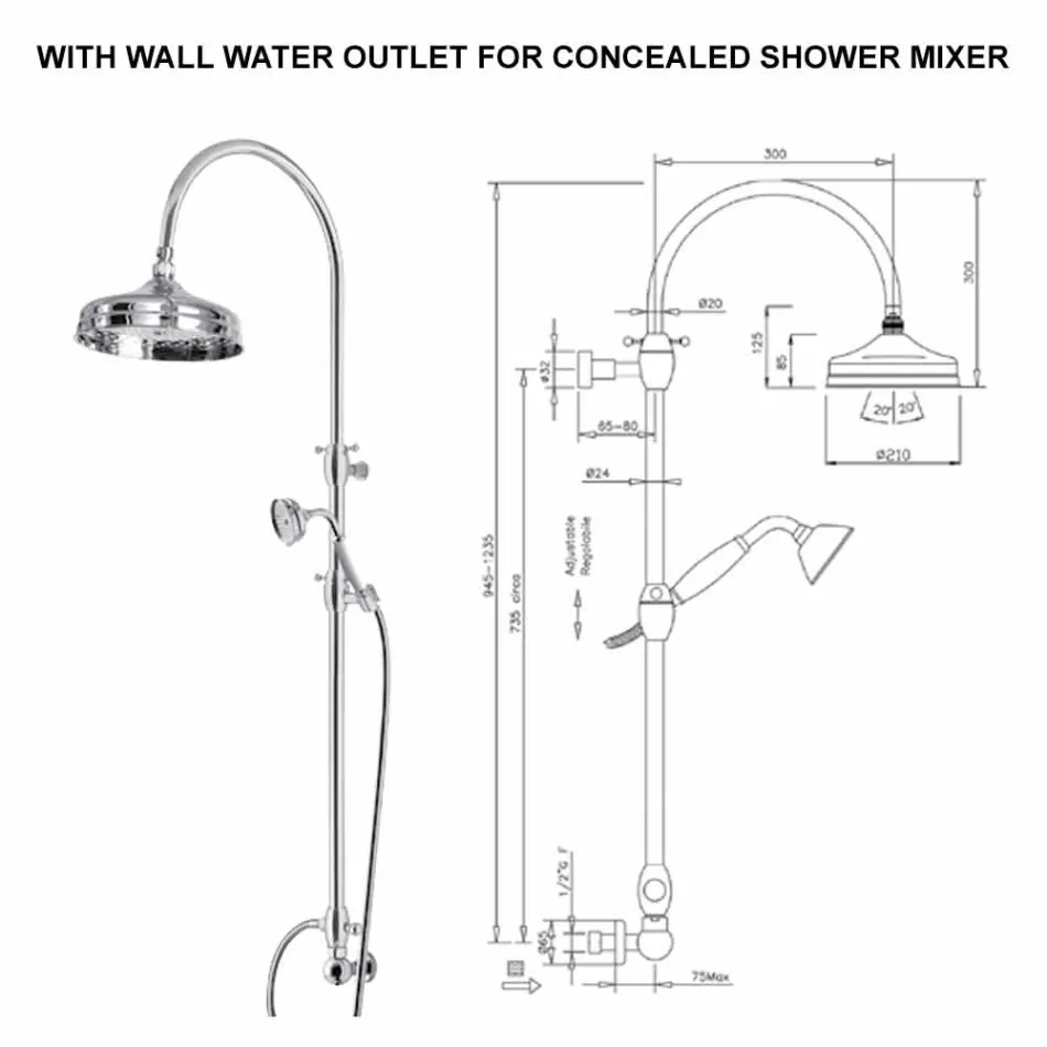 Mosiężna kolumna prysznicowa z okrągłą głowicą prysznicową i prysznicem ręcznym Made in Italy - Brillo Viadurini
